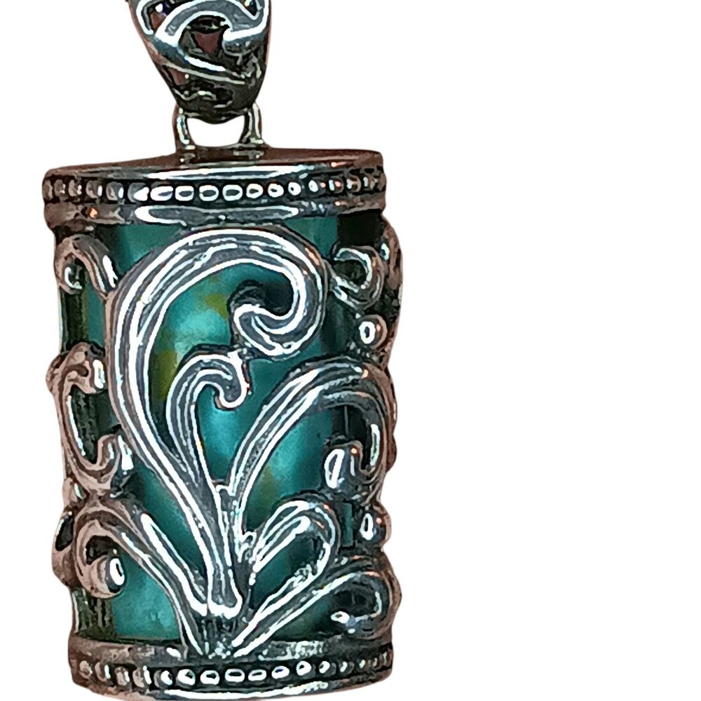 Large Sterling Silver 925 Filigree Open Work Cylinder Pendant With Turquoise
